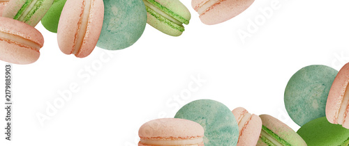Many big macarons banner template isolated on transparent background. Copyspace. Dessert frame. Bright food border PNG. Different confection flavors collection. Taste mix. Cute image for packaging box