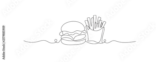 Single line drawing of french fries and a burger. Continuous line drawing showing a classic fast food meal combination of crispy potatoes and hamburger. Food vector artwork.
