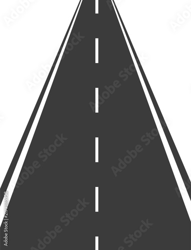 Straight grey asphalt road with white lane markings leading into the distance