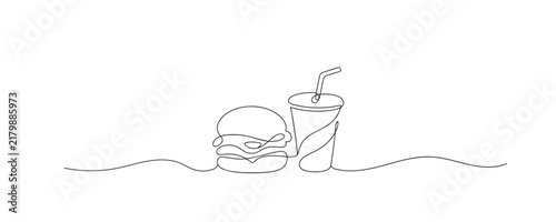 Single line drawing of french fries and a burger. Continuous line drawing showing a classic fast food meal combination of crispy potatoes and hamburger. Food vector artwork.