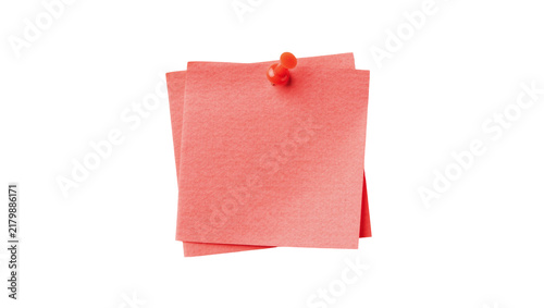 Two coral pink square sticky notes pinned together, isolated on transparent background