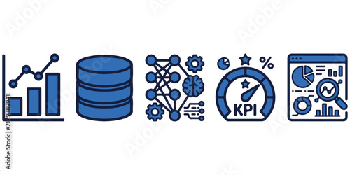Business analytics icons set with kpi dashboard