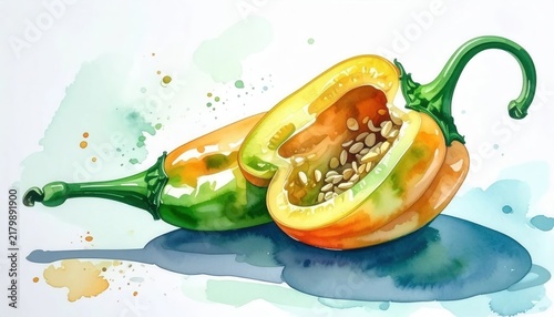 Vibrant watercolor painting of a single halved habanero pepper showing bright interior seeds and wrinkled texture