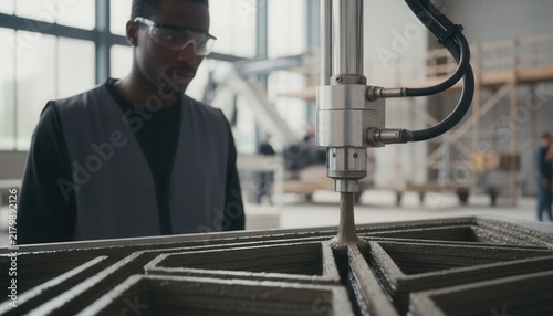 Construction worker monitors an automated 3D concrete printing nozzle layering material for a modern structural engineering component