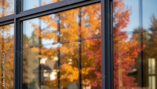 Energy-efficient glass window panes on a modern facade reflecting vibrant orange and red autumn foliage in a neighborhood