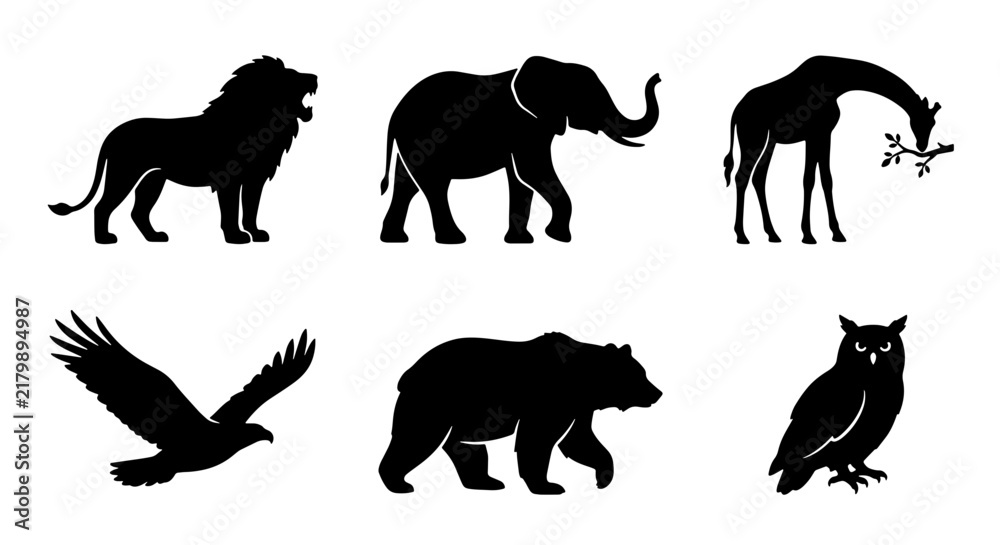 Obraz premium African Wildlife Silhouette Icons: Lion, Elephant, Giraffe, Eagle, Bear, Owl Vector Set
