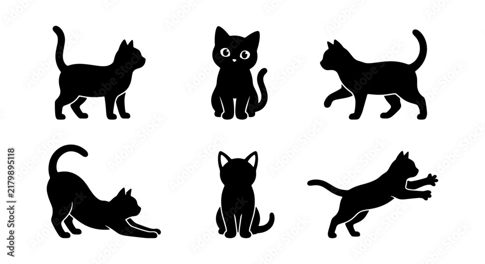 Obraz premium Black Cat Silhouettes Vector Set: Playful Feline Poses, Cute Kitten Icons, Domestic Animal Graphics for Pet Lovers and Design Projects