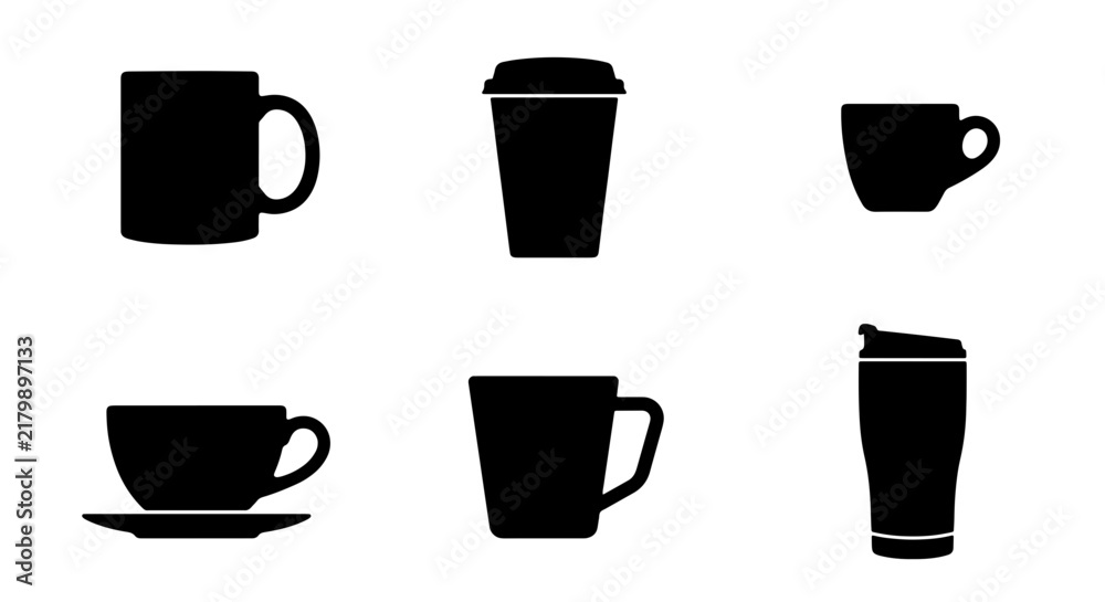 Obraz premium Coffee Cup Icons Set, Black Silhouette Drinkware Collection, Cafe Beverage Mugs and To-Go Cups