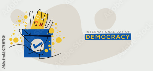 International Day of Democracy Concept Poster with Globe, Ballot Box, and Raised Diverse Hand, vector illustration.