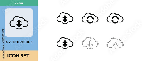 Cloud data sync vector icon set showing upload and download transfer symbols in multiple variations