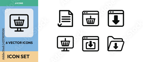 Online shopping and ecommerce vector icons set with digital cart and monitor symbols