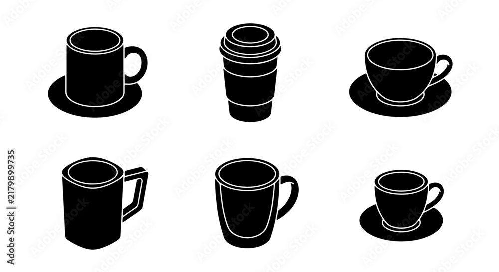 Obraz premium Isometric Coffee Cups Collection, Black Vector Icons for Cafes and Beverage Services