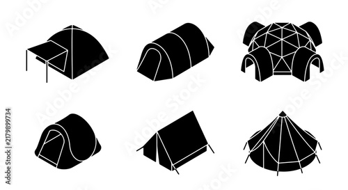 Camping Tents Collection, Outdoor Shelter Icons, Various Styles, Vector Set