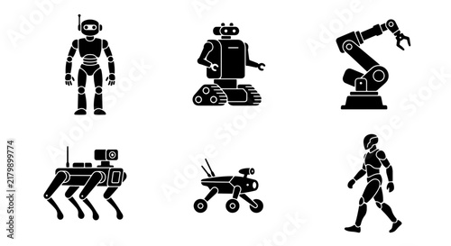 Robot Icons Set: Futuristic Android, Industrial Arm, Rover, Quadruped, Humanoid Vector Graphics