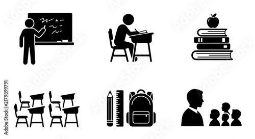 Education Icons Set: Teacher, Student, Books, Classroom, Supplies, Learning Concepts