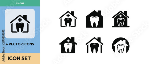 Dental clinic vector icon set featuring home symbols and tooth graphics for healthcare branding