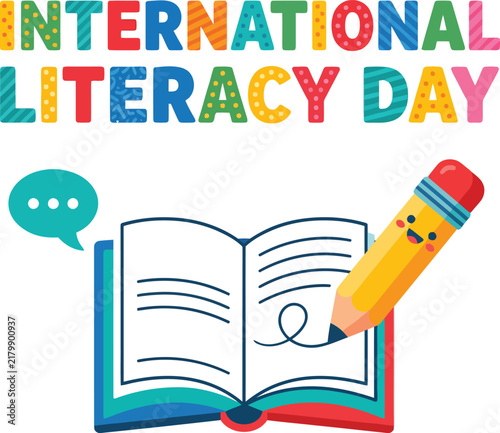 Colorful international literacy day graphic showing an open book with a cute smiling pencil character and a speech bubble isolated on a plain white background