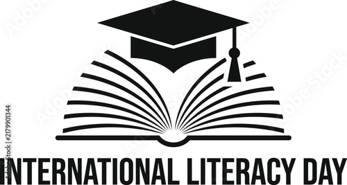 Black and white icon illustration featuring an open book topped with a graduation cap representing education and knowledge for international literacy day celebration design concept