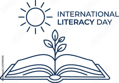 A minimalist line art illustration for international literacy day featuring an open book with a growing plant sprout and a shining sun in the background