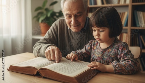 Elderly grandfather and young granddaughter sitting side by side at a wooden table and reading a traditional book together