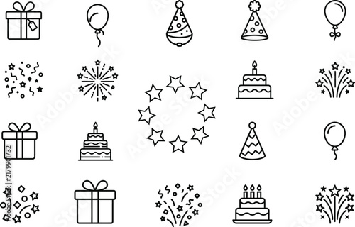 Birthday and Celebration Party Line Icon Set