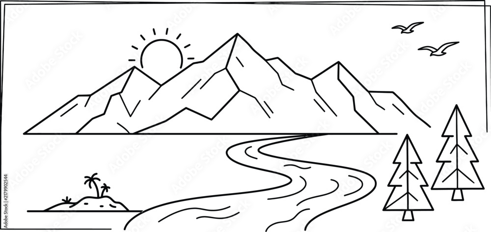 Fototapeta premium Mountain landscape line art illustration featuring sun, winding river, pine trees, and birds