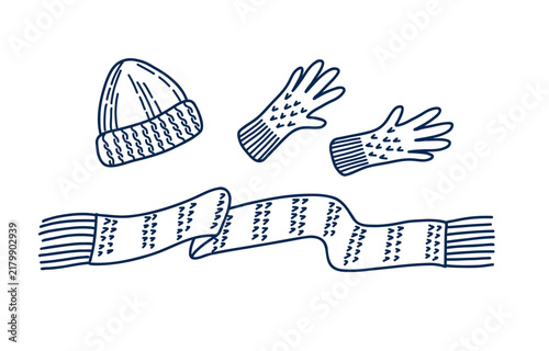 Set of winter clothing accessories. Knitted beanie hat, warm gloves, and a long scarf