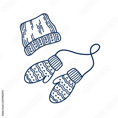 Set of winter clothing accessories. Knitted winter hat and connected mittens with decorative patterns, perfect for seasonal design