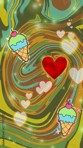 Foto Cute Ice Cream with Hearts on an Earth-Tone Marble Background, Ideal for Mobile
