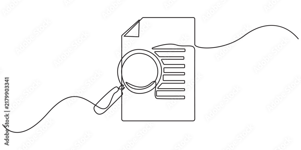 Obraz premium Paper document with magnifying glass one line, Office notes concept, Business analysis concept, Continuous one line drawing of Paper document with magnifying glass. Single line drawing illustration .
