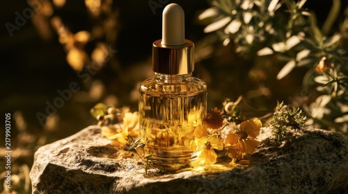 A glass dropper bottle with natural facial oil stands on a stone amidst wildflowers in soft golden hour light. Ideal for organic beauty skincare advertising.