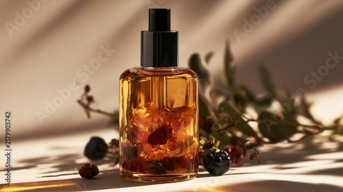 Amber serum bottle with rose hips and herbs in soft sunlight. Ideal for organic beauty, skincare advertising and cosmetic brand presentation.