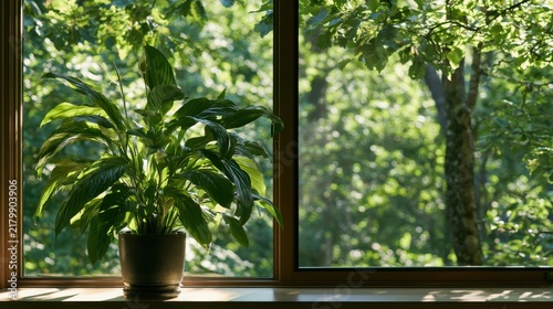 A lush potted peace lily sits on a windowsill against a sunny forest background. Perfect for interior design, home wellness, and biophilic office concepts.