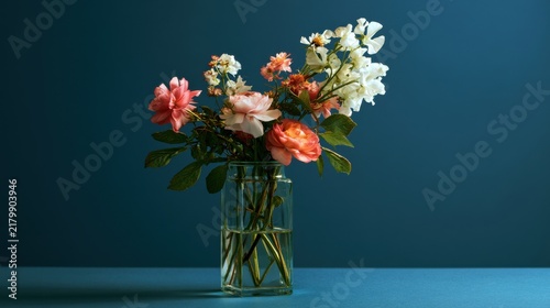 A beautiful arrangement of fresh garden flowers in a glass vase against a dark blue background. Perfect for elegant home decor and spring greeting themes.