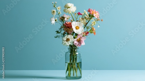 A beautiful bouquet of mixed wildflowers in a clear glass vase against a soft blue background. Perfect for home decor and spring greeting card designs.