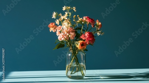 A beautiful bouquet of vibrant spring flowers in a glass jar against a blue background. This elegant composition is perfect for lifestyle and home decor.