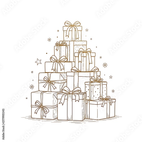 Stack of wrapped gift boxes with ribbons illustration