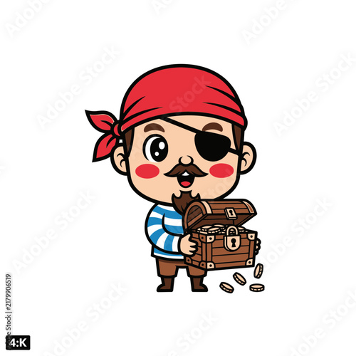 Pirate caricature holding small wooden treasure chest.