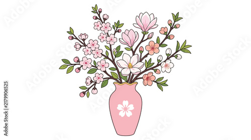 Pink cherry blossom flowers in a decorated vase