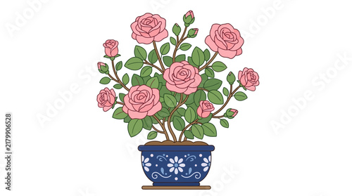 Pink rose bush in blue patterned ceramic bowl.