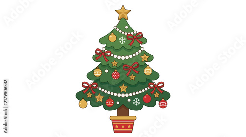 Potted Christmas tree with beads and round ornaments