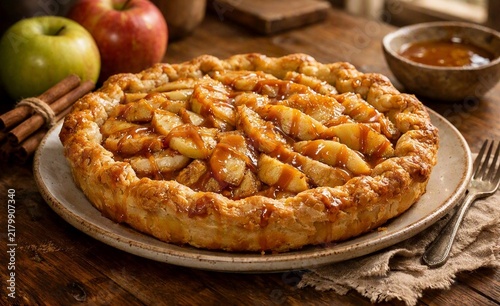 Caramel apple galette with cinnamon and rustic autumn styling