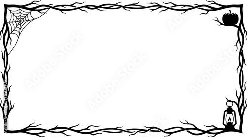 Hand drawn spooky halloween border frame featuring twisted branches spider webs pumpkins and a vintage lantern design