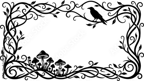 Black and white decorative halloween frame featuring a silhouette of a crow and forest mushrooms