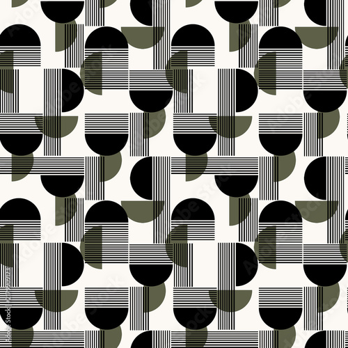 Modern geometric abstract seamless pattern, black and khaki half circles with stripes high resolution background, trendy mid century ornament for textile, digital print, fabric and wallpaper