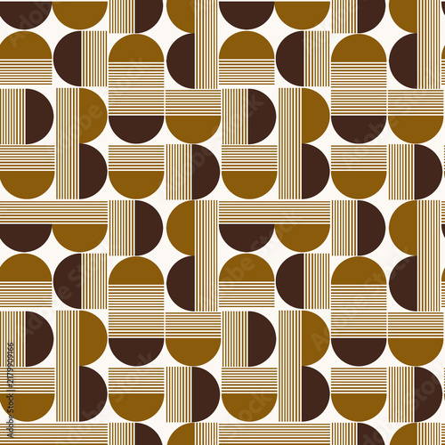 Retro mid century modern seamless pattern, geometric abstract half circles and stripes high resolution background, trendy brown and mustard ornament for textile, digital print, fabric and wallpaper