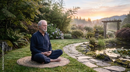 Elderly Man Meditating in a Serene Japanese Garden at Sunrise
