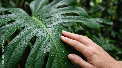 Hand touching a wet monstera leaf with water droplets in a lush green forest