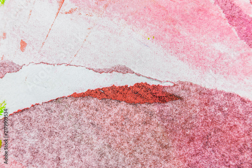 Abstract red and pink paint smear on white paper with sharp organic edges and texture.
