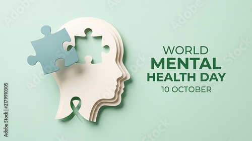 World Mental Health Day Banner with Paper Cut Human Head Profile Puzzle Piece and Awareness Ribbon on Green Backdrop